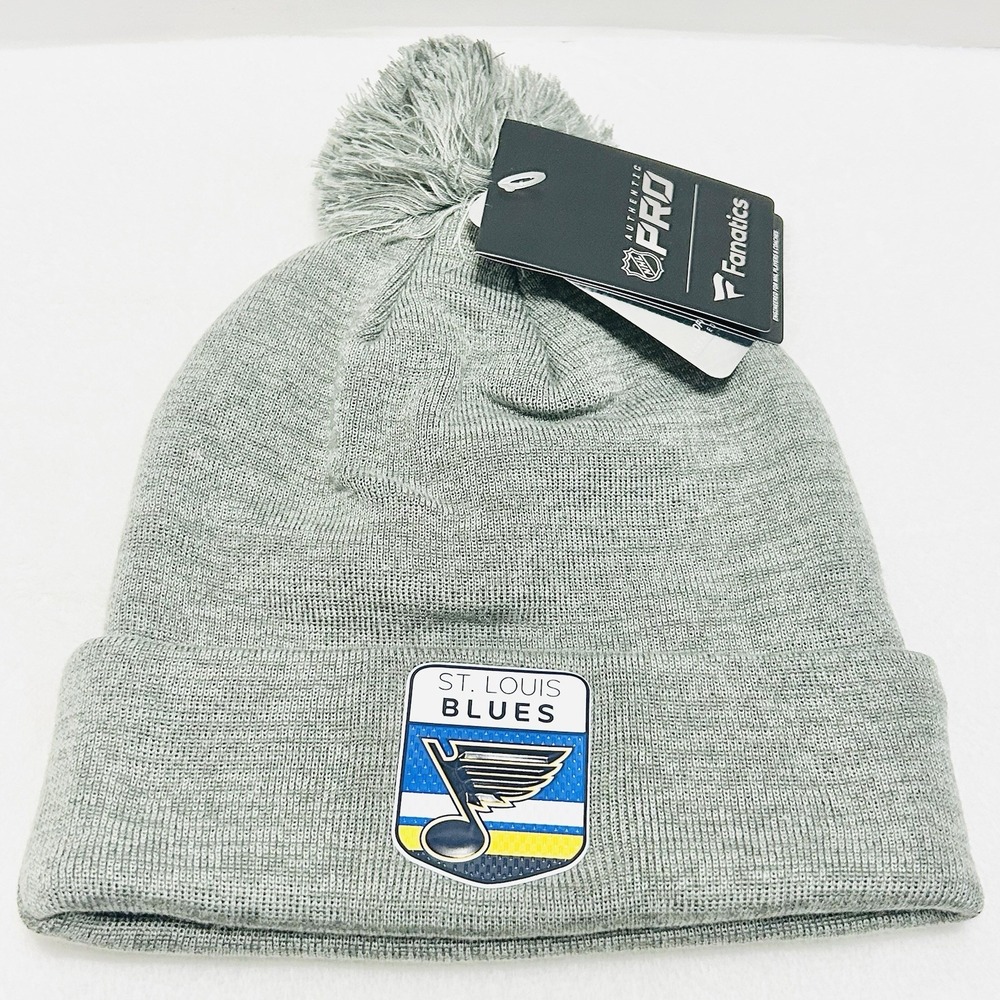 Fanatics St. Louis Blues Authentic Pro‎ Home Ice Beanie Hat Cap Pom Cuffed Gray
